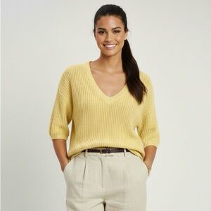 VTG JACK MULQUEEN I. Magnin Acrylic Butter Yellow Short Sleeve Sweater Sz Medium